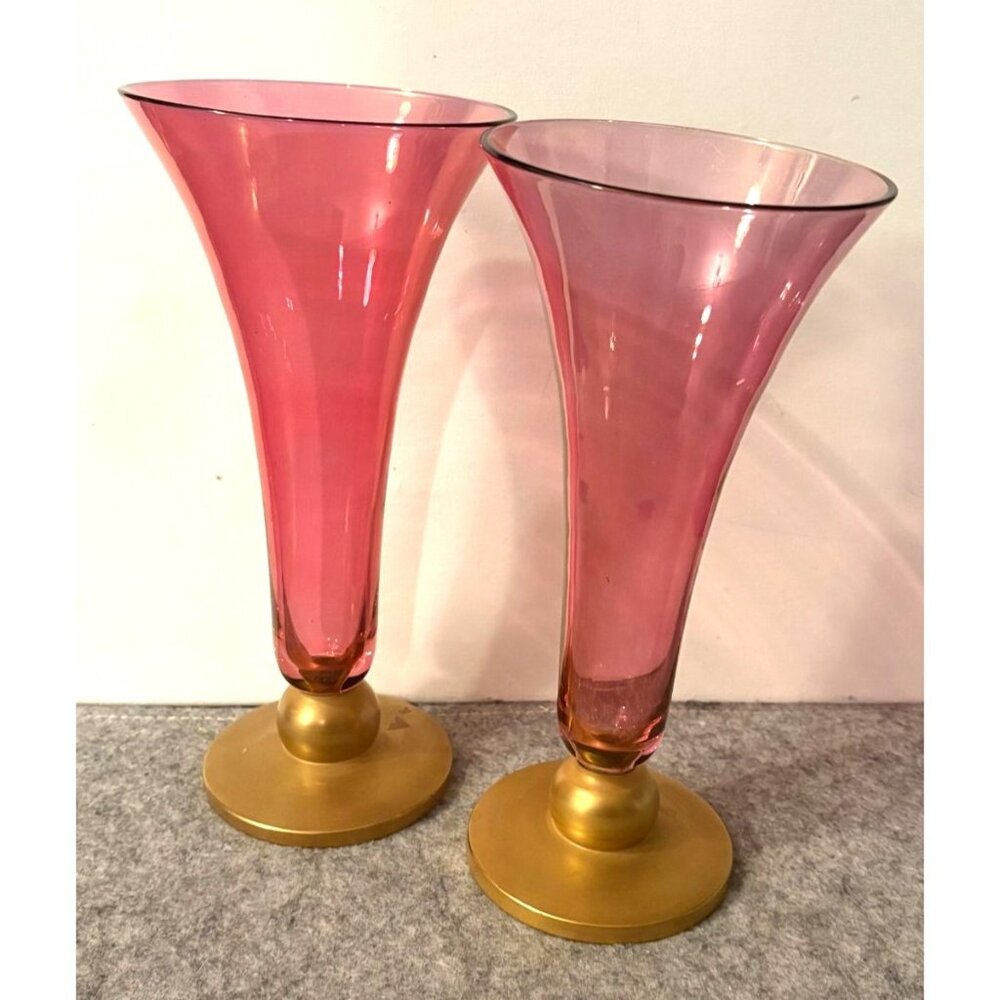 2 Vintage Cranberry Glass Lily Fluted Flared Vase w/ Gold Glass Base # 3342